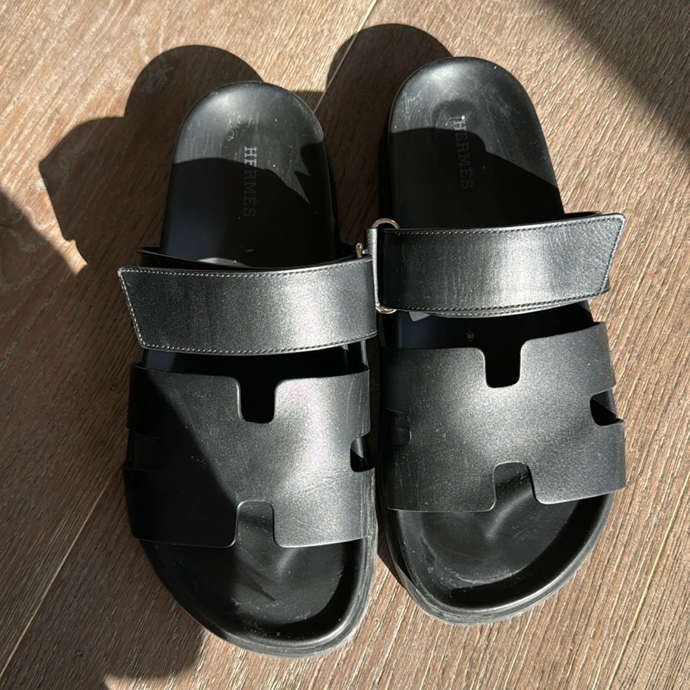 Hermes Black Leather Oran-Style Slide Sandals - Picture 1 of 5